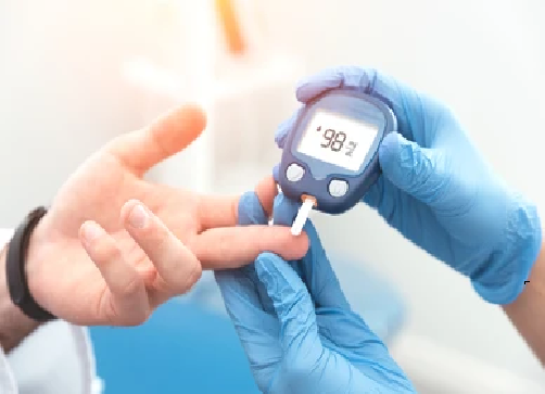 Diabetes mellitus blood sugar check on glucometer.